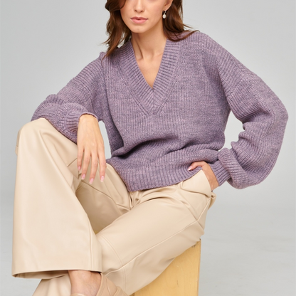 casual knitwear solid color v neck pullover elegant streetwear loose women lantern sleeve sweaters