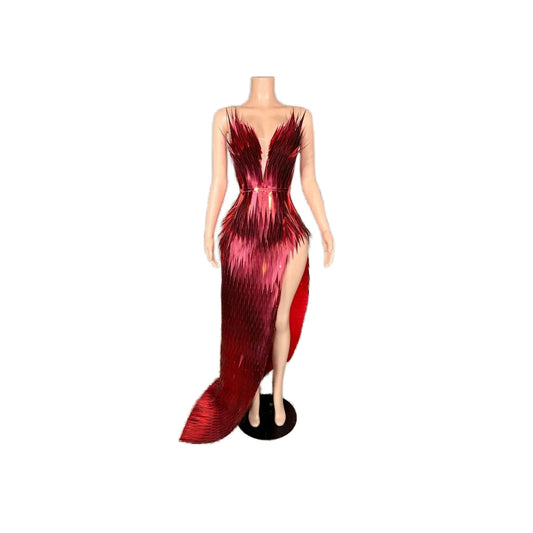 ZD Women’s Sequin Beading Appliques Floor-Length A-Line Nightclub Dress Sexy Deep V Neck Halter High Side Slit Natural