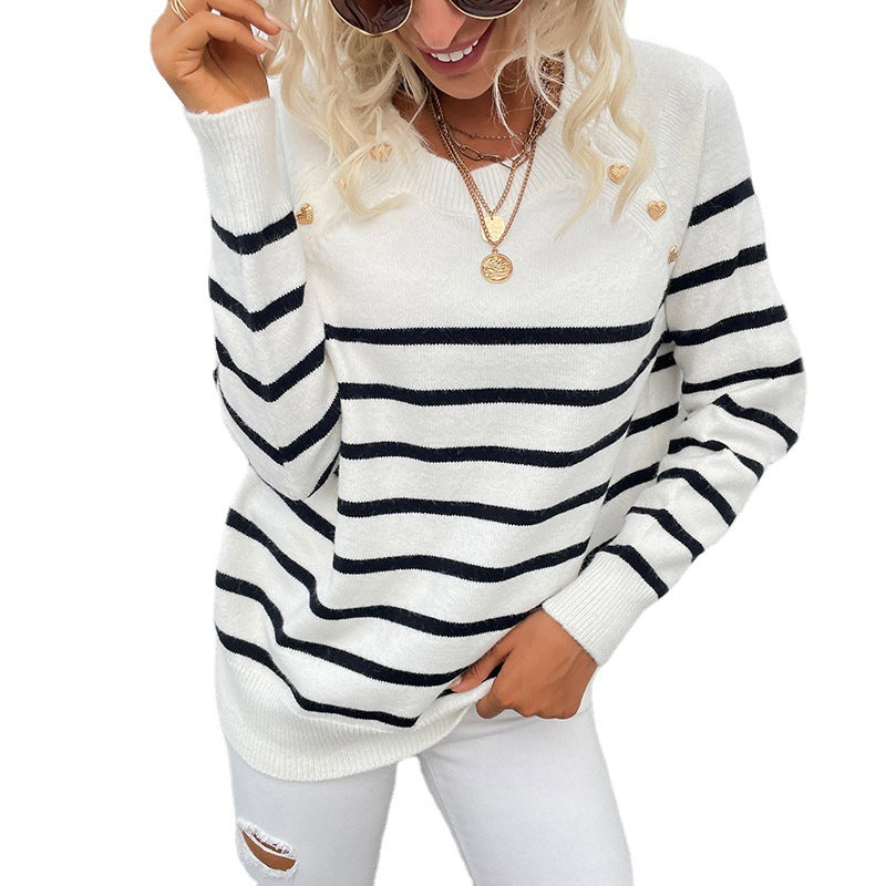 New arrivals pullover elegant jumper women autumn winter o-neck striped shoulder button loose sweaters