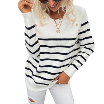 New arrivals pullover elegant jumper women autumn winter o-neck striped shoulder button loose sweaters