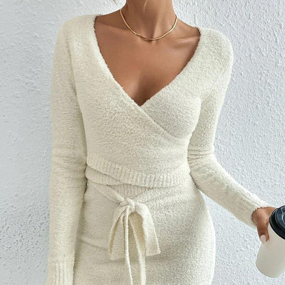 Trending Fashion V neck lace up crop top high waist skirts solid color women knitted sexy 2 piece set