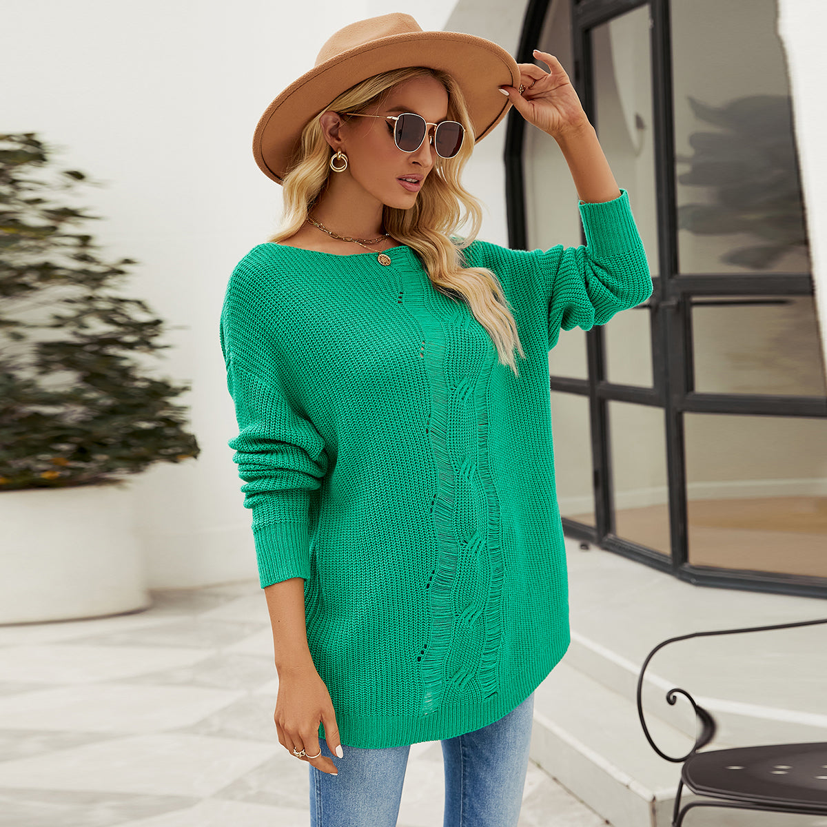 Solid color knitwear o-neck casual loose pullover hollow out jumper cable off shoulder sexy sweater for women