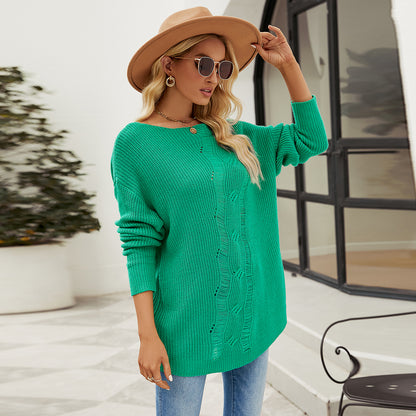 Solid color knitwear o-neck casual loose pullover hollow out jumper cable off shoulder sexy sweater for women