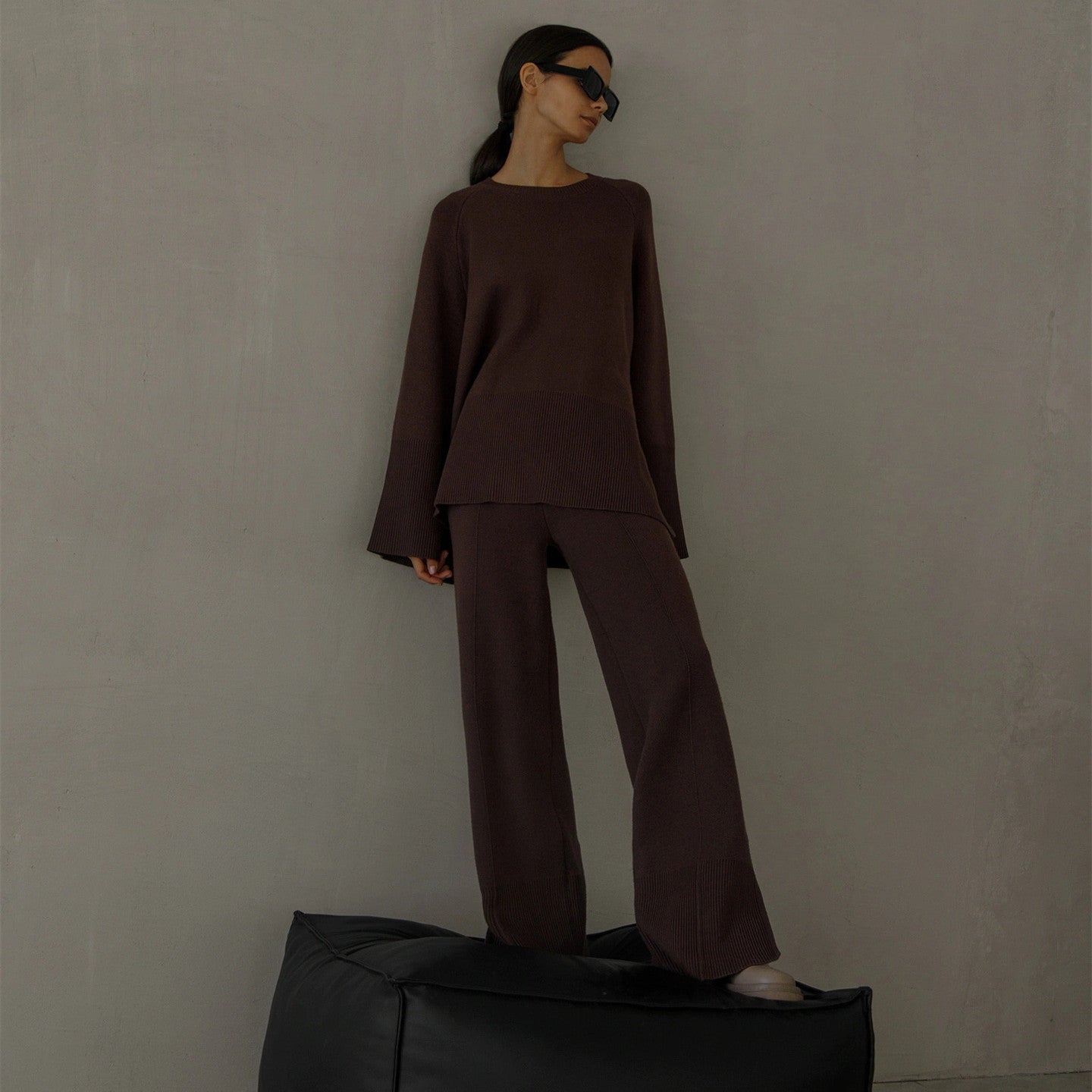High Quality pure color twinset Oversize knitwear women casual side split knitted 2 piece matching outfits