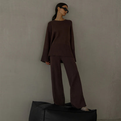 High Quality pure color twinset Oversize knitwear women casual side split knitted 2 piece matching outfits