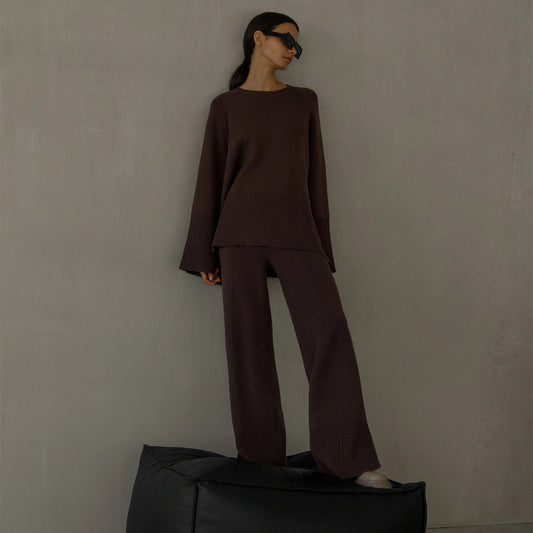 High Quality pure color twinset Oversize knitwear women casual side split knitted 2 piece matching outfits
