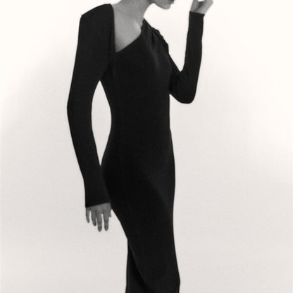 Knitwear winter long sleeve slim fit irregular design casual maxi hollow out knit dress women