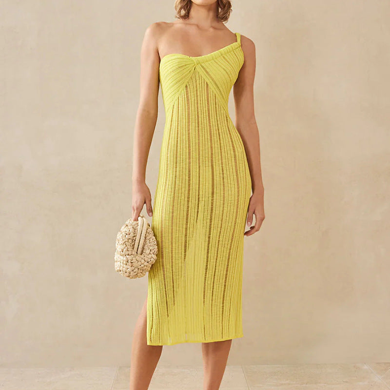 summer fashion knitted One Shoulder irregular design omen’s sexy stylish hollow out see through mini vacation dress