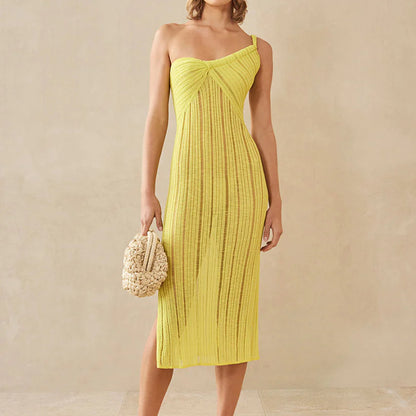 summer fashion knitted One Shoulder irregular design omen’s sexy stylish hollow out see through mini vacation dress