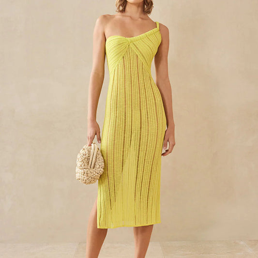 summer fashion knitted One Shoulder irregular design omen’s sexy stylish hollow out see through mini vacation dress