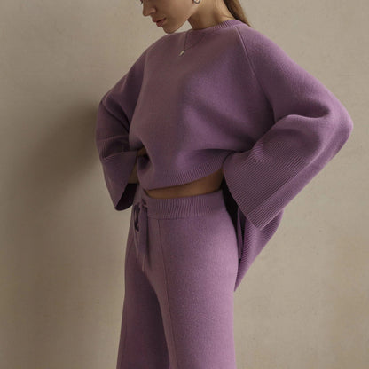 Clothing elegant pullover loungewear women fashion high quality solid color knitted wide leg pants 2 piece set