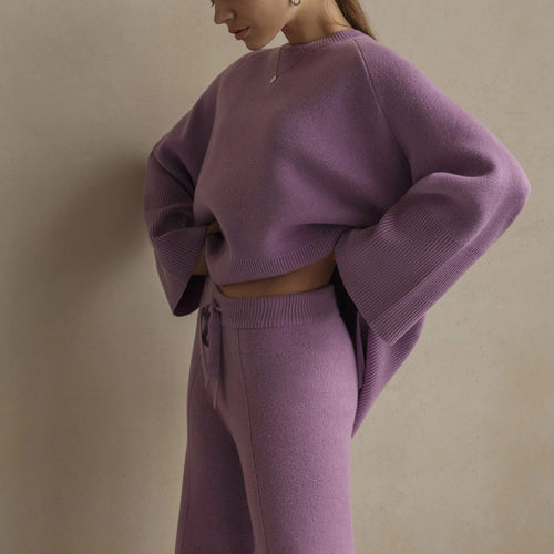 Clothing elegant pullover loungewear women fashion high quality solid color knitted wide leg pants 2 piece set