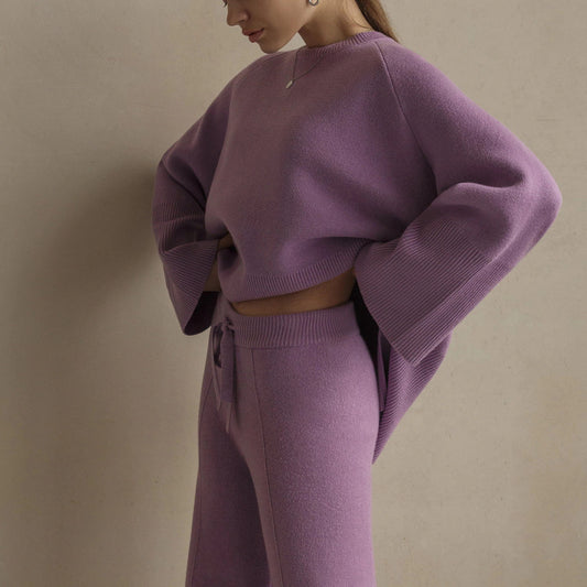 Clothing elegant pullover loungewear women fashion high quality solid color knitted wide leg pants 2 piece set