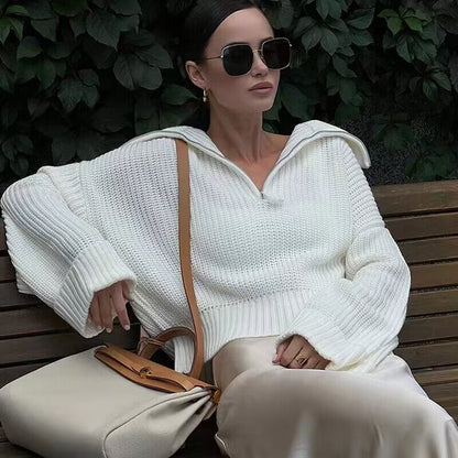 New arrivals winter fall solid color knitwear turn down collar half zipper knitted sweater tops for women