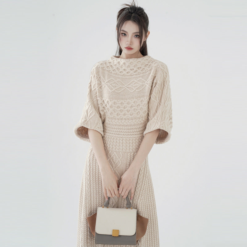 High-end design knitwear solid color women slim waist summer half-sleeve A-line long cable knitted dress