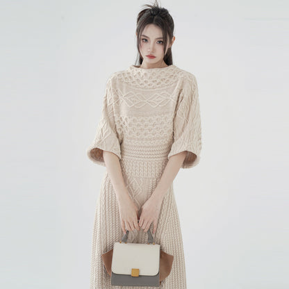 High-end design knitwear solid color women slim waist summer half-sleeve A-line long cable knitted dress