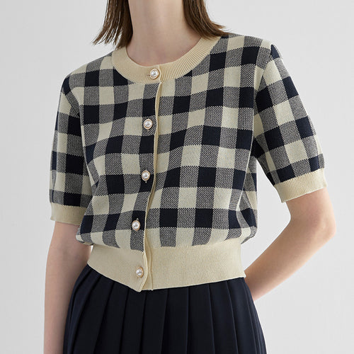 Trending Summer British style short sleeve cardigans women’s thin round neck checkerboard knitted top