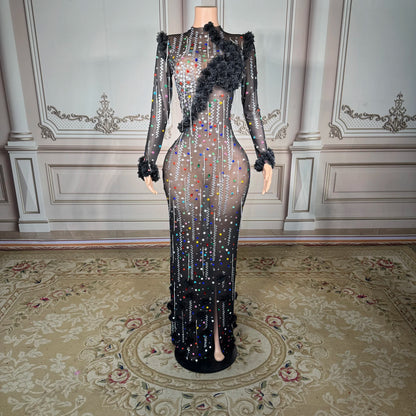 ZD Luxury Women’s Ball Gown Floor-Length Sexy Party Skirt Floral Pattern Rhinestone Decoration Natural Hand Embroidery
