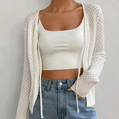 Trending fashion women casual High quality lace up knitwear hollow out long sleeve sweater cardigan coat