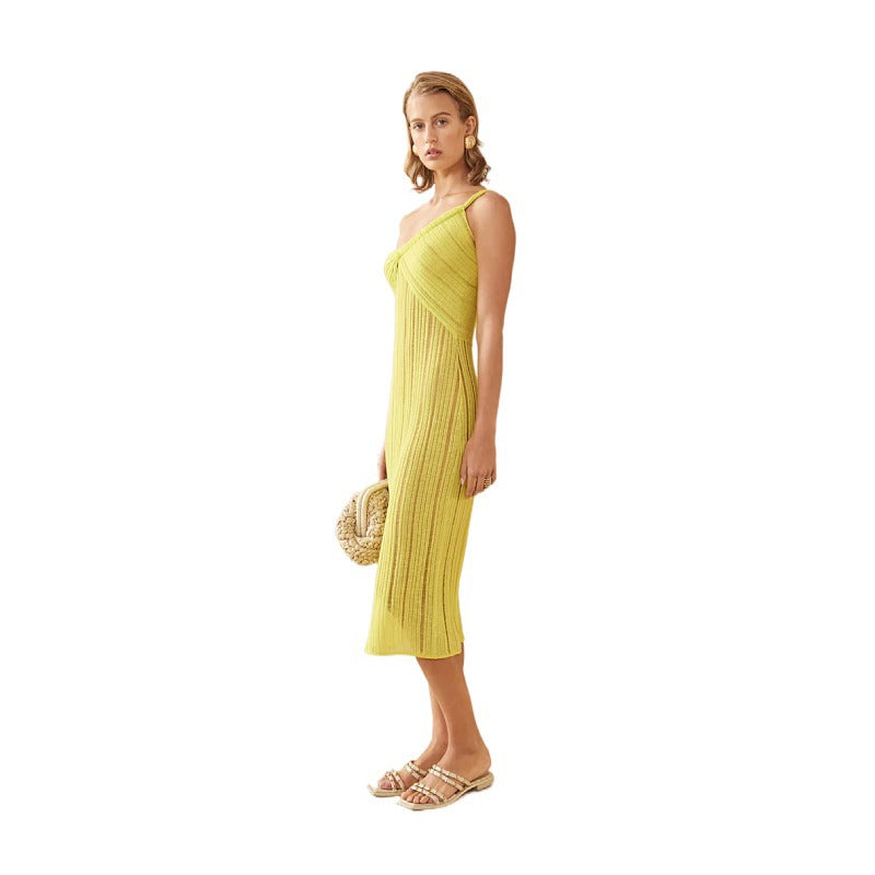 summer fashion knitted One Shoulder irregular design omen’s sexy stylish hollow out see through mini vacation dress