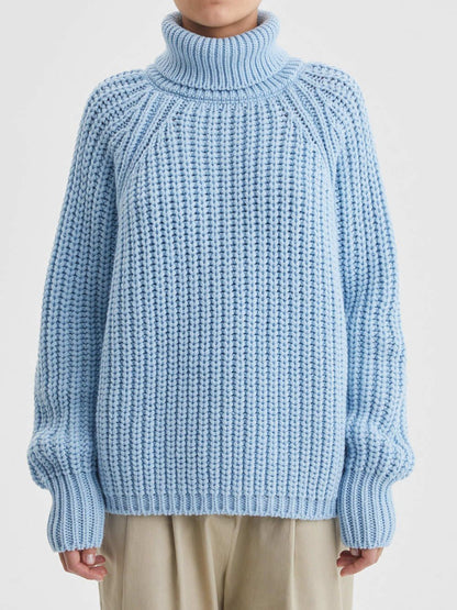 women acrylic high neck knitted tops long sleeve solid color pullover casual sweater