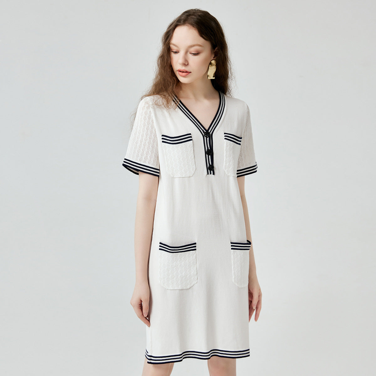 High quality elegant v neck knitwear temperament commuter pullover ladies striped midi knitted dress with pockets