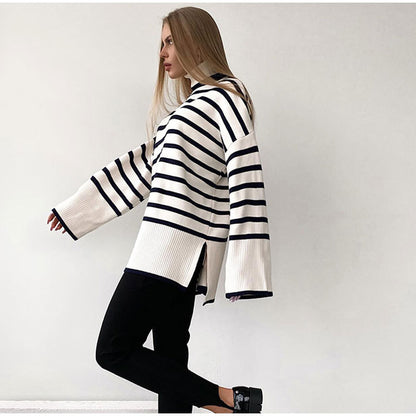 rolled neck sweaters oversize color blocking side split women autumn winter jumper mujer