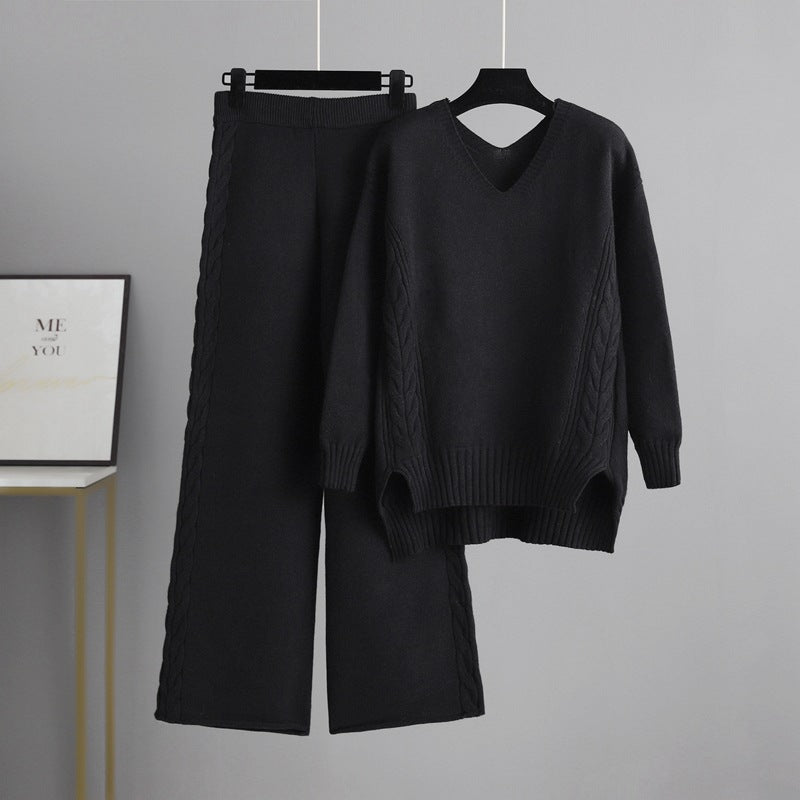 Trending Fashion V neck oversize cable sweaters wide leg pants elegant knitted loungewear women two piece pants set