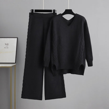 Trending Fashion V neck oversize cable sweaters wide leg pants elegant knitted loungewear women two piece pants set