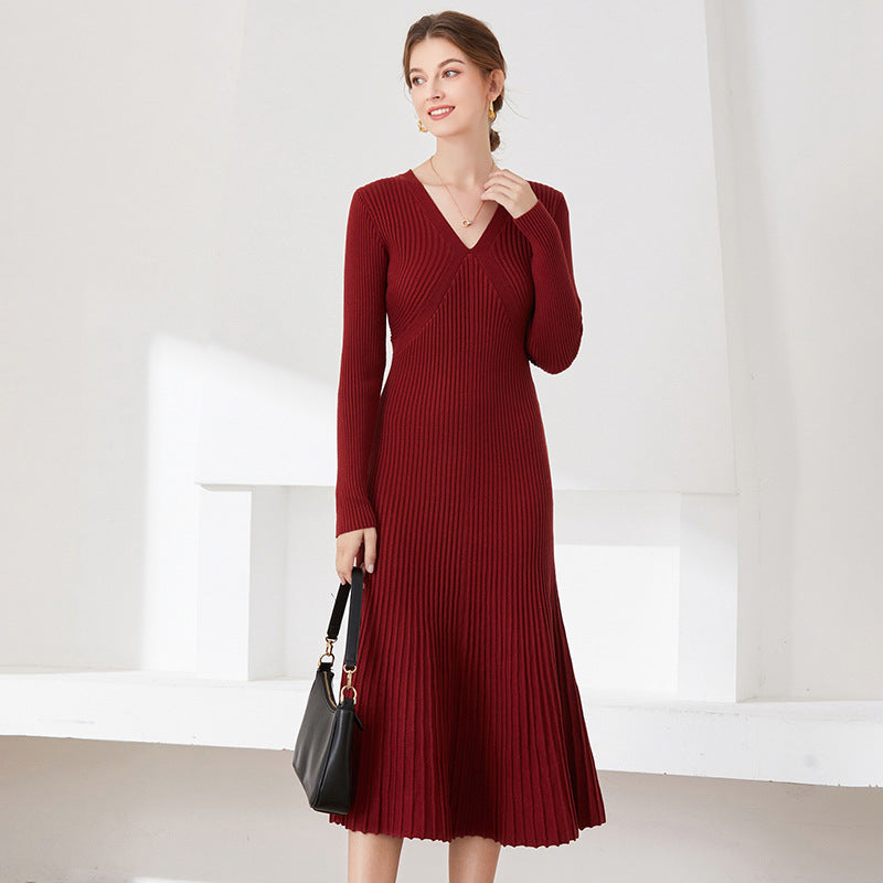 women fashion long sleeve knitwear slim fit elegant pullover v neck sweater knit midi dress