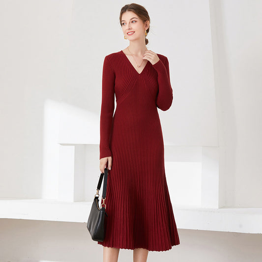 women fashion long sleeve knitwear slim fit elegant pullover v neck sweater knit midi dress