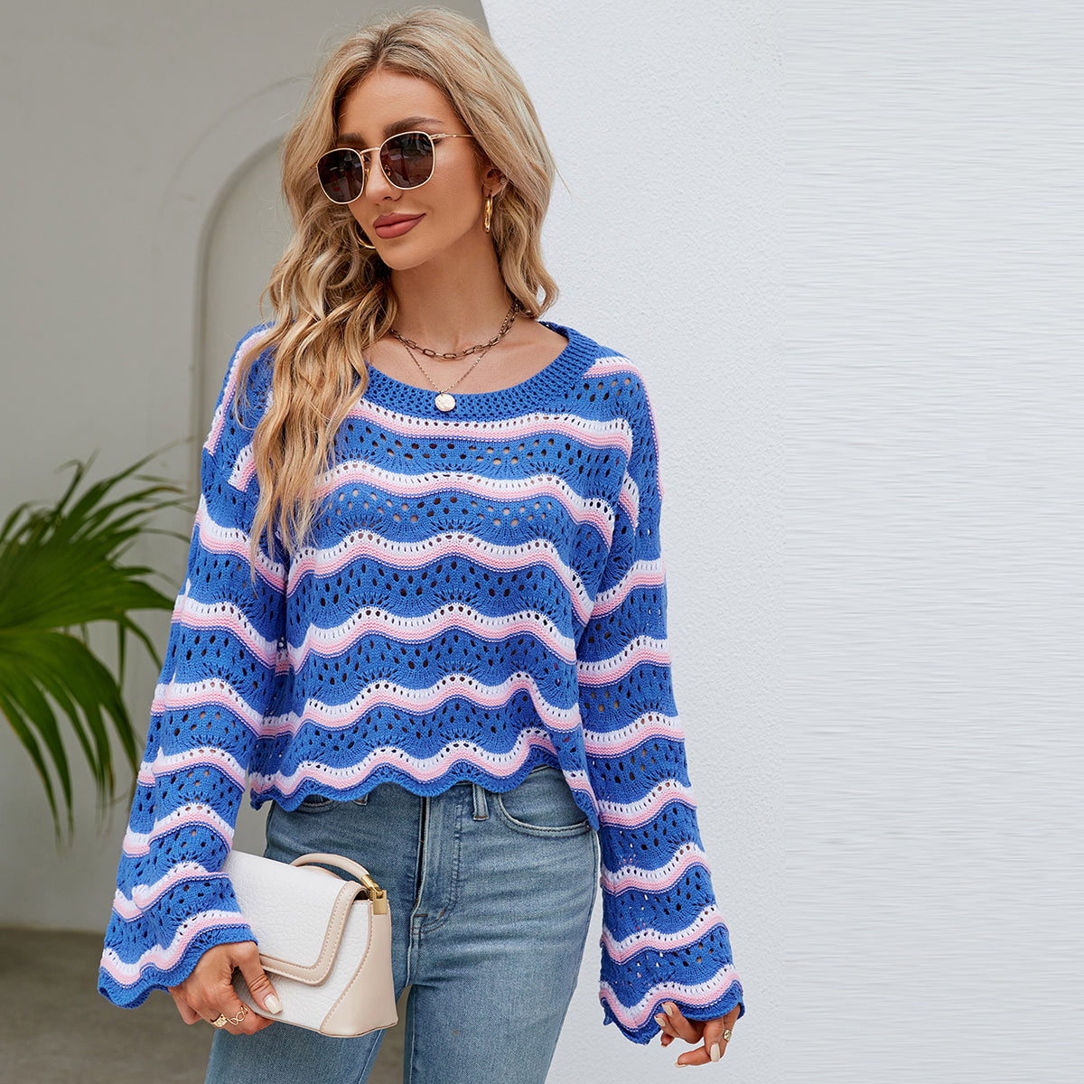 round neck striped sweaters women pullover oversize hollow out wave edge beach wear jumper mujer