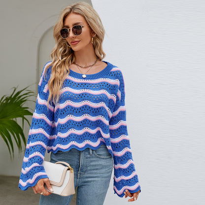 round neck striped sweaters women pullover oversize hollow out wave edge beach wear jumper mujer
