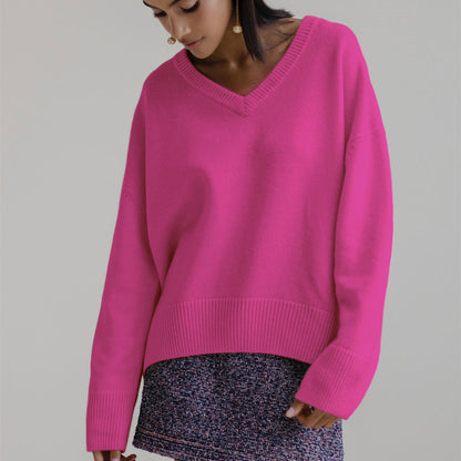 latest design women v neck solid color cozy knitwear irregular elegant loose long sleeve sweater