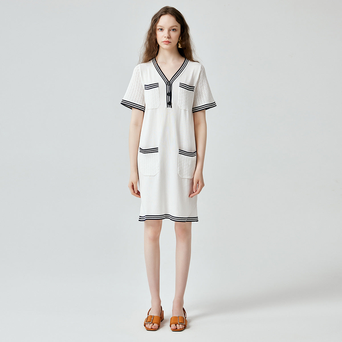 High quality elegant v neck knitwear temperament commuter pullover ladies striped midi knitted dress with pockets