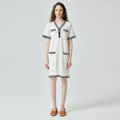 High quality elegant v neck knitwear temperament commuter pullover ladies striped midi knitted dress with pockets