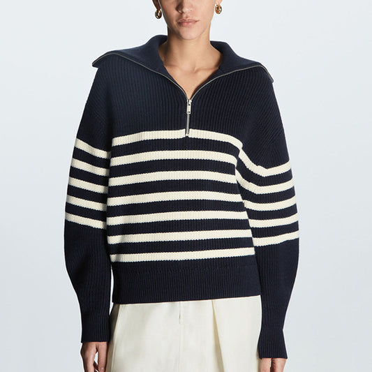 lapel collar knitwear women lantern sleeve striped casual oversize elegant knitted sweater tops