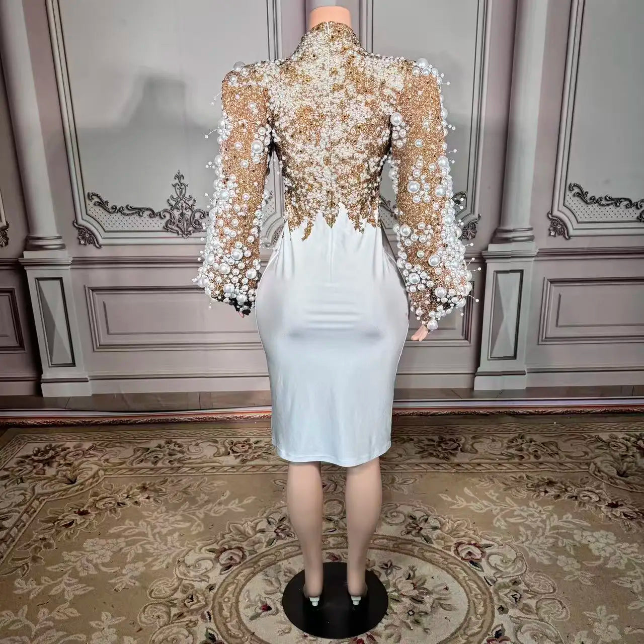 ZD Plus-Size Pearl Embellished Knee-Length Natural Eco-Friendly Elegant Party Gown Long Sleeves for Birthday Celebrations