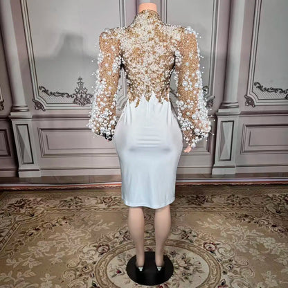 ZD Plus-Size Pearl Embellished Knee-Length Natural Eco-Friendly Elegant Party Gown Long Sleeves for Birthday Celebrations