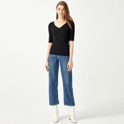 Hot selling single color deep v neck elegant knitwear slim fit sweater knitted sweater