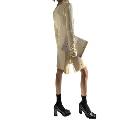 pure color asymmetrical neck pullover knitwear elegant Design sense niche knit dress women long sleeve base skirts