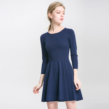 hot selling pure color round neck pullover knitwear elegant slim fit knitted short dress for women