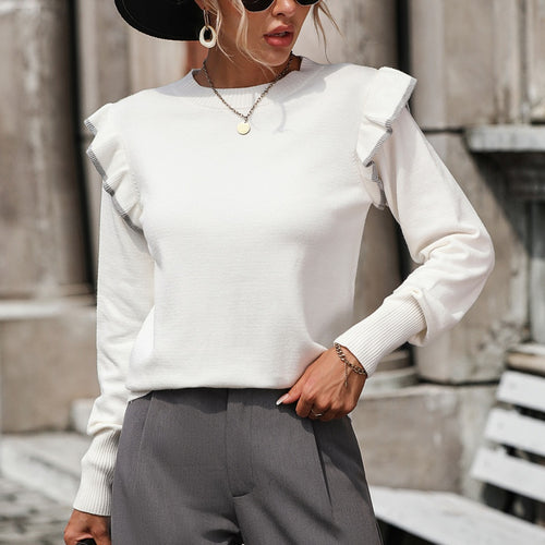 High quality ruffled jersey knitwear loose solid color crew-neck pullover fashion sweater for women