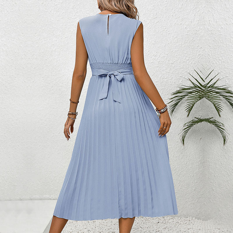 New Arrivals 2026 Summer Women’s Solid Color Round Neck Pleated Dress with Waist-Tie Design