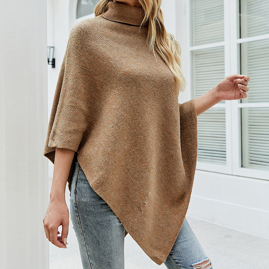 New Arrival warm sleeve cape women knitted poncho Shawl pullover cloak solid color high neck sweater coat