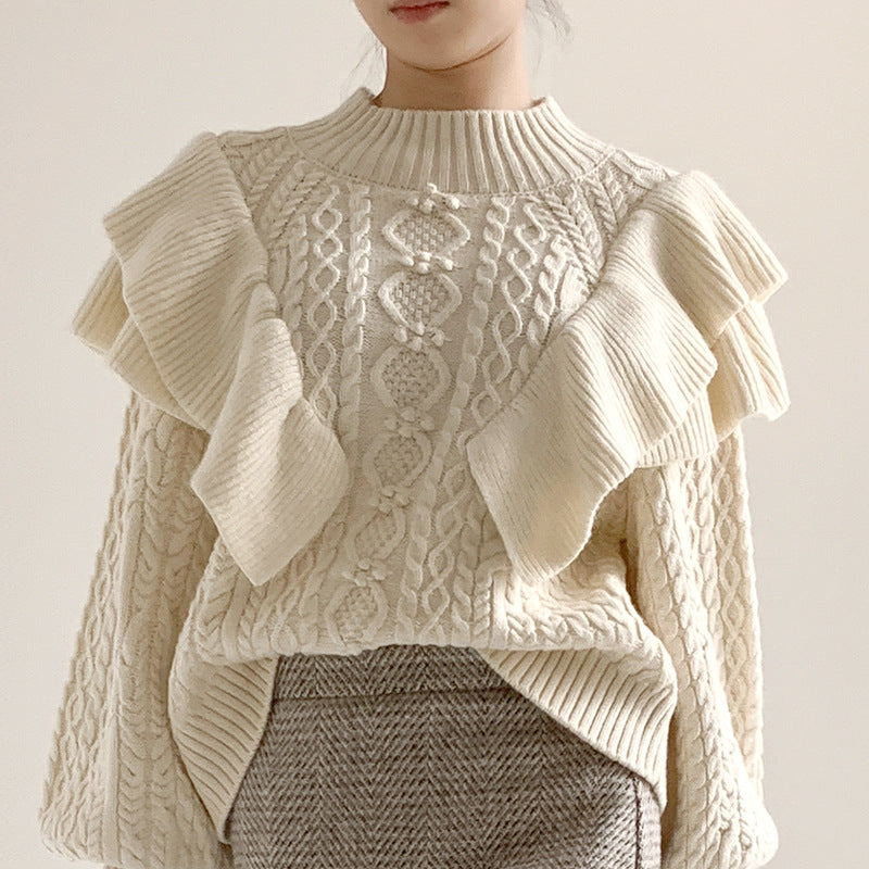 pure color puff sleeve women knitwear elegant pullover double layer cable knit top knitted sweater