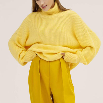 New arrivals high collar solid color lantern-sleeve knitwear pullover knitted sweater