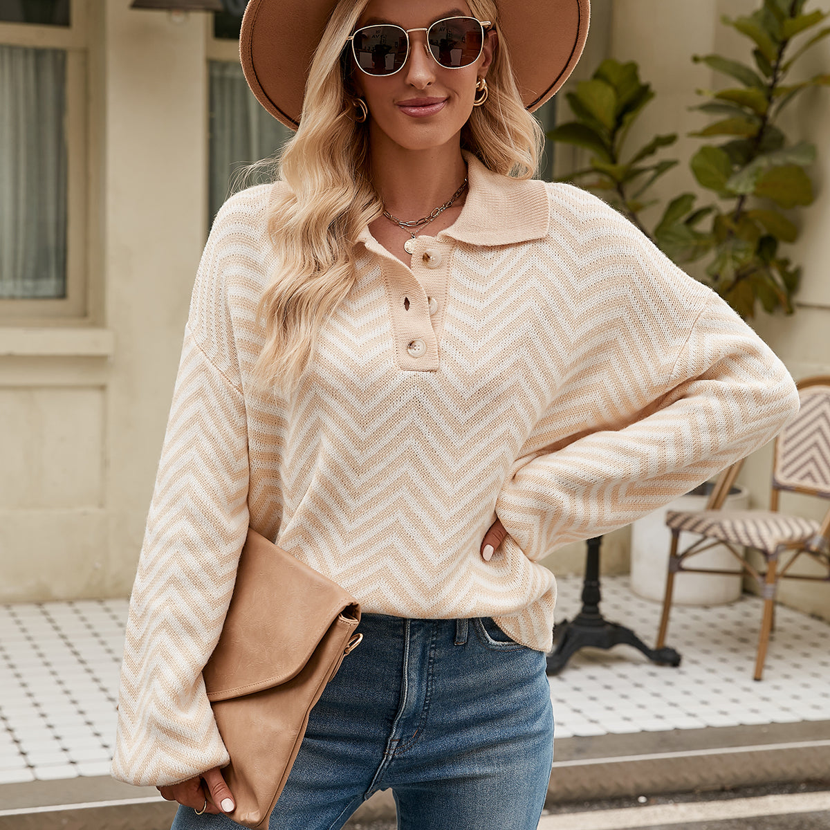 New style fashion turn down collar knitwear lantern sleeve jumper mujer pullover elegant striped sweaters women