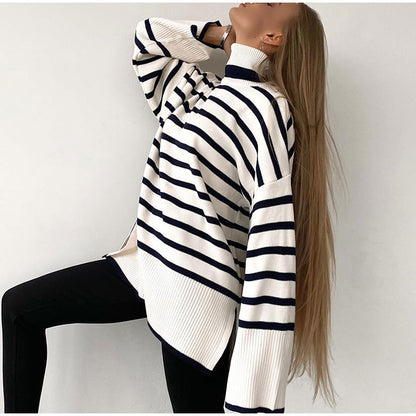 rolled neck sweaters oversize color blocking side split women autumn winter jumper mujer