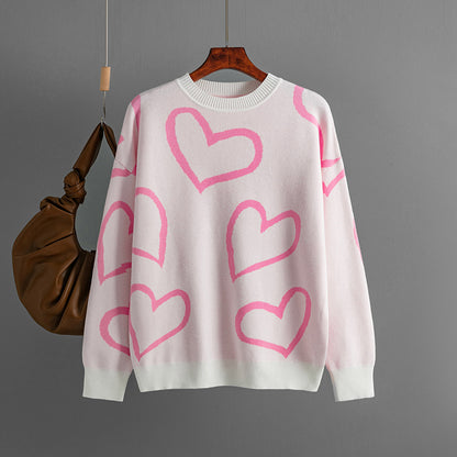 Hot selling Casual Valentine’s Day Long Sleeve Knitwear Color Blocking Knitted Loose Heart Pullover Women Sweater